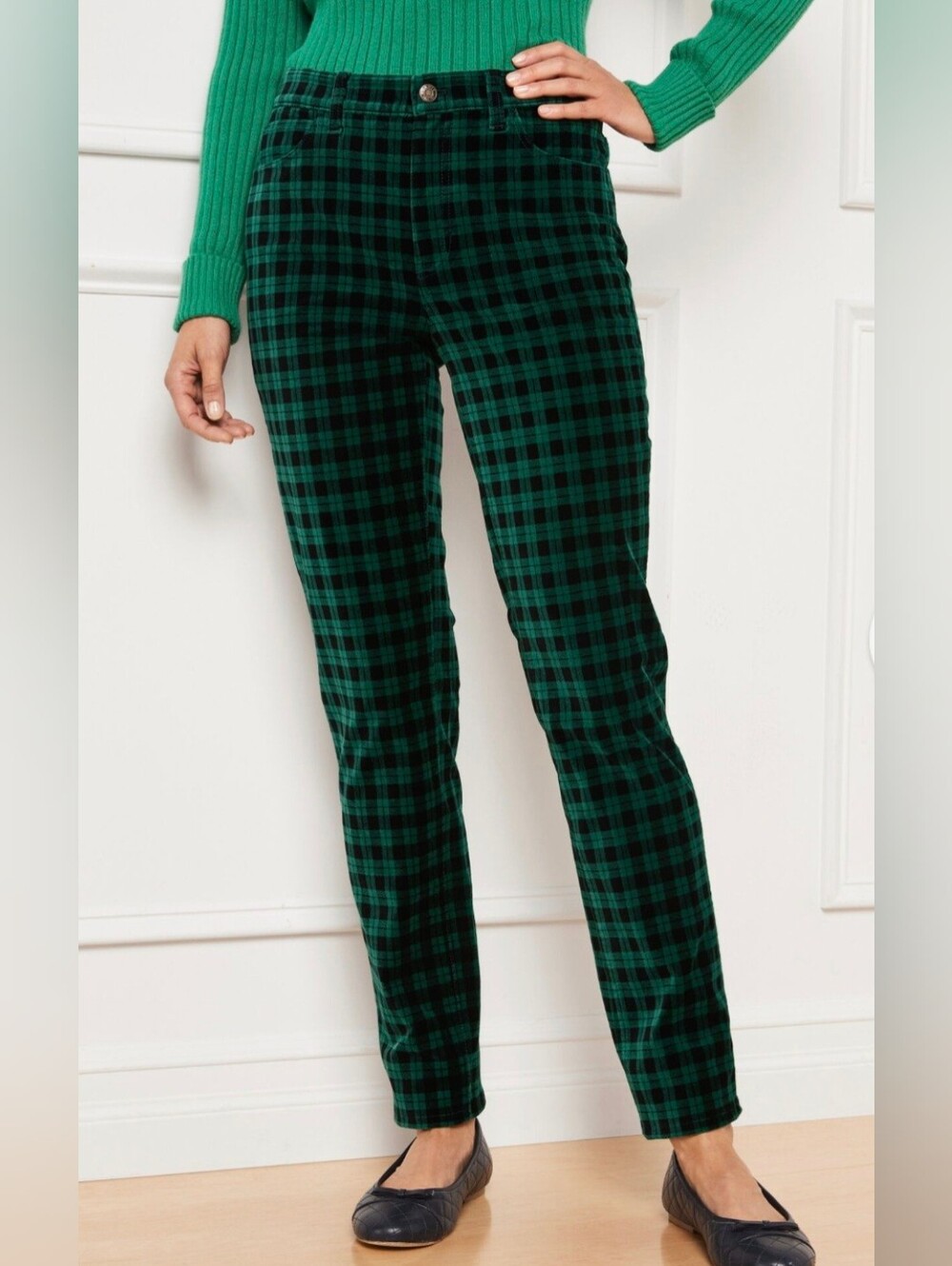 TALBOTS Velveteen Straight Leg Pants - Black Watch Tartan Sz 12P